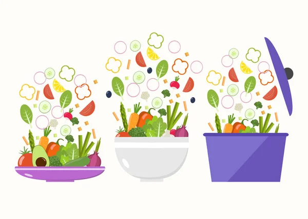 Plato de verduras. Cuenco de verduras. Rebanadas de verduras. Piso desi — Vector de stock