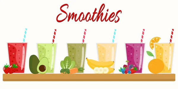 Çizgi film smoothies. Portakal, çilek, berry, muz ve avokado — Stok Vektör