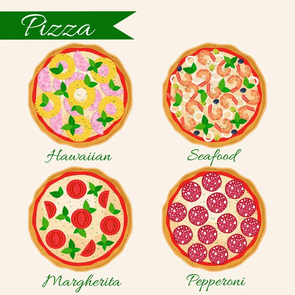 必胜客集矢量插图。夏威夷披萨, 玛格丽塔披萨, — 图库矢量图片