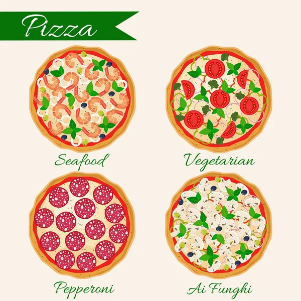Πίτσα οριστεί εικονογράφηση φορέα. Θαλασσινά, πίτσα Ai Funghi, Peppero — Διανυσματικό Αρχείο