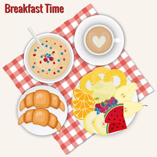 Cappuccino de café, croissants, flocons d'avoine, assiette de fruits. Petit déjeuner — Image vectorielle