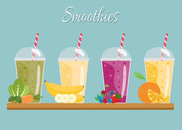 Cartoon smoothies. Orange,  berry, banana  smoothie. Organic fru — Stock Vector