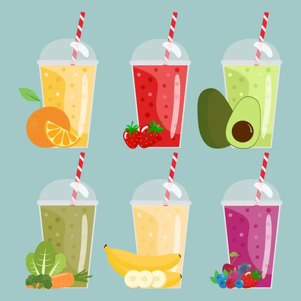 Cartoon smoothies. Orange, strawberry, berry, banana and avocado — Stock Vector