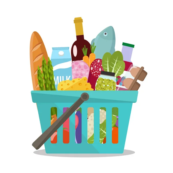 Boodschappen in een mandje. Vectorillustratie. Platte ontwerp. — Stockvector