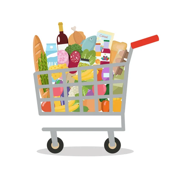 Comestibles en un carrito de compras. Ilustración vectorial. Diseño plano . — Vector de stock