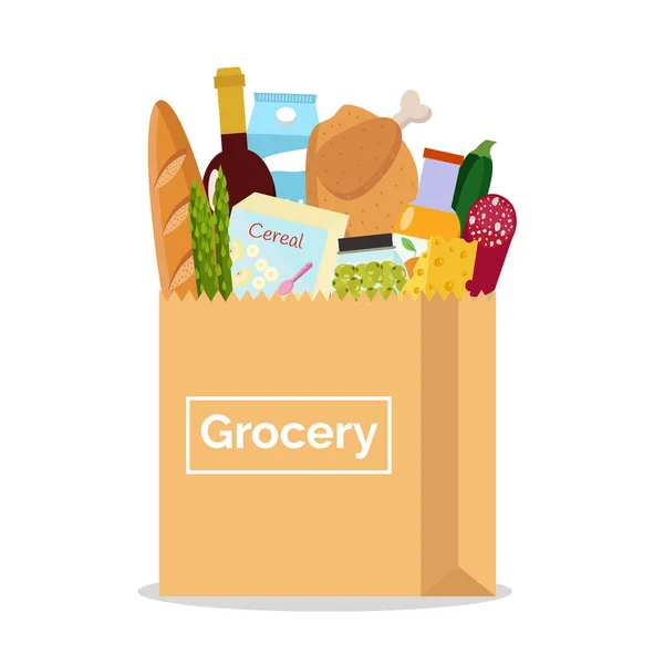 Bolsa de papel con comida fresca. Compras en la tienda de comestibles. Ilustración vectorial. Diseño plano . — Archivo Imágenes Vectoriales