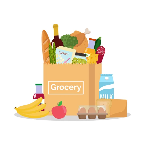 Papírová taška s čerstvými potravinami. Nakupování v obchodě s potravinami. Vektorové ilustrace. Plochý design. — Stockový vektor