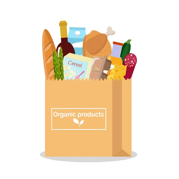 Papieren tas met verse biologische voeding. Winkelen in de supermarkt. Vectorillustratie. Platte ontwerp. — Stockvector