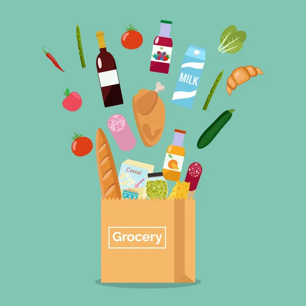 Bolsa de papel con comida fresca. Compras en la tienda de comestibles. Ilustración vectorial. Diseño plano . — Archivo Imágenes Vectoriales