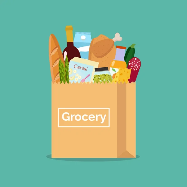 Bolsa de papel con comida fresca. Compras en la tienda de comestibles. Ilustración vectorial. Diseño plano . — Vector de stock