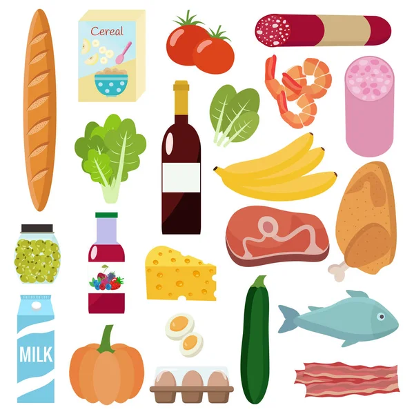 Juego de comestibles. Leche, verduras, carne, pollo, queso, salchichas, vino, frutas, pescado, cereales, jugo . — Vector de stock