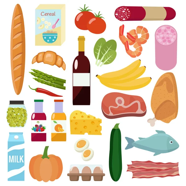 Sada s potravinami. Mléko, zelenina, maso, kuřecí, sýr, párky, víno, ovoce, ryby, cereálie, šťáva. — Stockový vektor