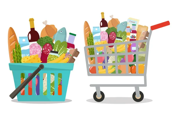Tienda de comestibles en un carrito de compras y cesta de la compra. Ilustración vectorial — Archivo Imágenes Vectoriales