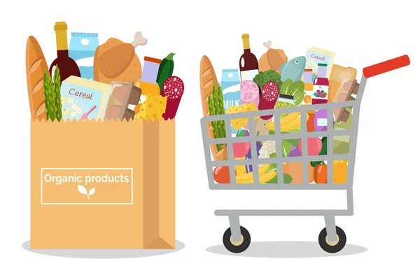 Negozio di alimentari in un carrello e un sacchetto di carta. Illustrazione vettoriale . — Vettoriale Stock