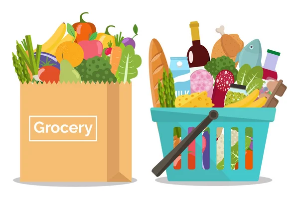 购物篮里的杂货和纸袋里的水果和蔬菜 — 图库矢量图片