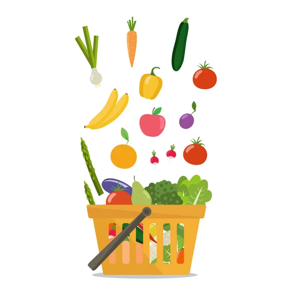 Groenten en fruit in de winkel mandje vector — Stockvector
