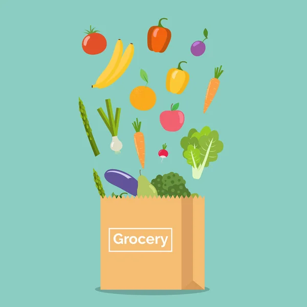 Zöldségek és gyümölcsök a papír zsák. — Stock Vector