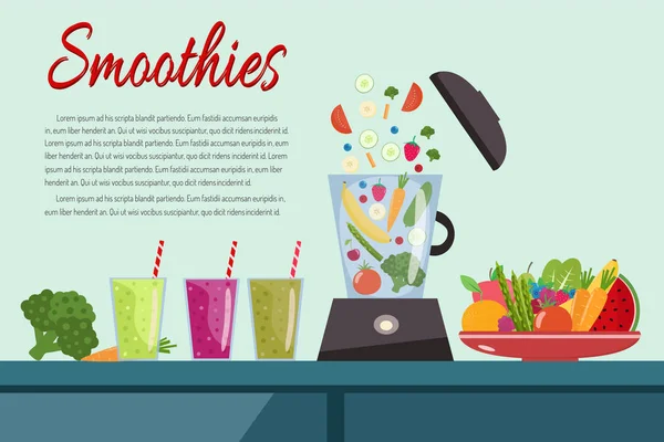 Vaření smoothie. Deska plná zeleniny a ovoce. Mixér — Stockový vektor