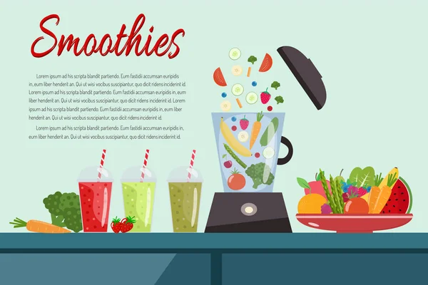 Matlagning smoothies. Tallrik full av grönsaker och frukt. Blender — Stock vektor