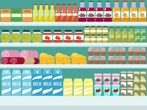 Almacene estantes con comestibles, alimentos y bebidas. Vector illus plano — Archivo Imágenes Vectoriales