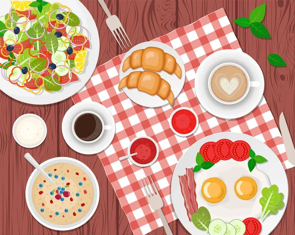 Ilustración vectorial de desayuno saludable sobre la mesa. Huevo frito — Archivo Imágenes Vectoriales