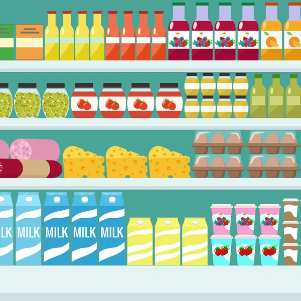 Almacene estantes con comestibles, alimentos y bebidas. Vector illus plano — Archivo Imágenes Vectoriales