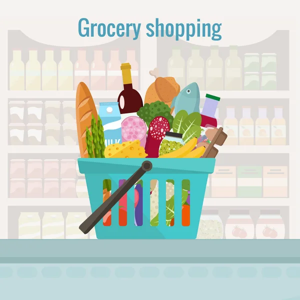 S potravinami v nákupním košíku. Vektorové ilustrace. — Stockový vektor