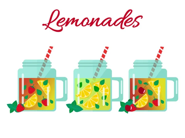 Conjunto de limonadas en frascos. Diseño plano — Archivo Imágenes Vectoriales