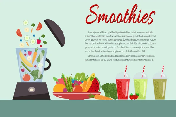 Je cuisine des smoothies. Assiette pleine de légumes et de fruits . — Image vectorielle