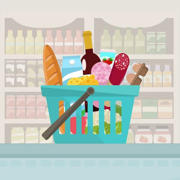 Comestibles en una cesta de la compra . — Vector de stock