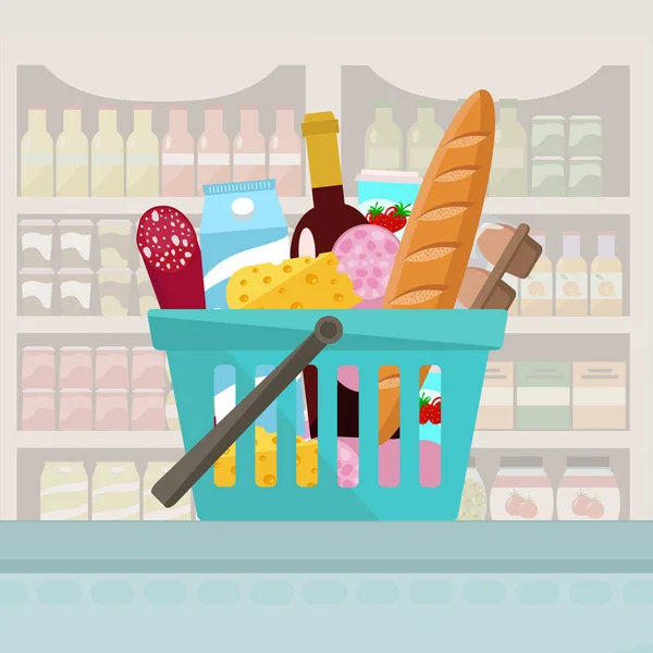 Comestibles en una cesta de la compra . — Vector de stock