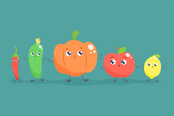 Aranyos rajzfilm gyümölcsök és zöldségek. Lapos vektor-illusztráció. — Stock Vector