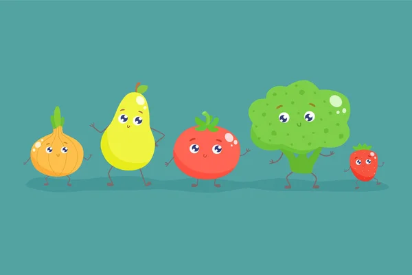 Aranyos rajzfilm gyümölcsök és zöldségek. Lapos vektor-illusztráció. — Stock Vector
