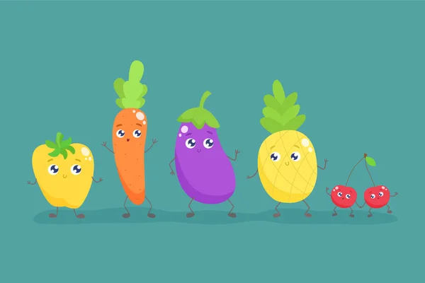 Niedlichen Cartoon Obst und Gemüse. Vektorflache Abbildung. — Stockvektor