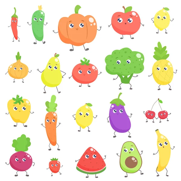 Gyűjteménye aranyos rajzfilm gyümölcsök és zöldségek. Vektor lapos illustrat — Stock Vector