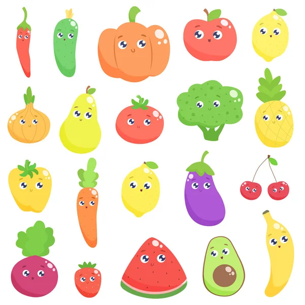 Gyűjteménye aranyos rajzfilm gyümölcsök és zöldségek. Vektor lapos illustrat — Stock Vector