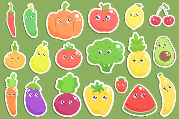 Set of cute cartoon fruits and vegetables stickers. Vector flat — Stock Vector
