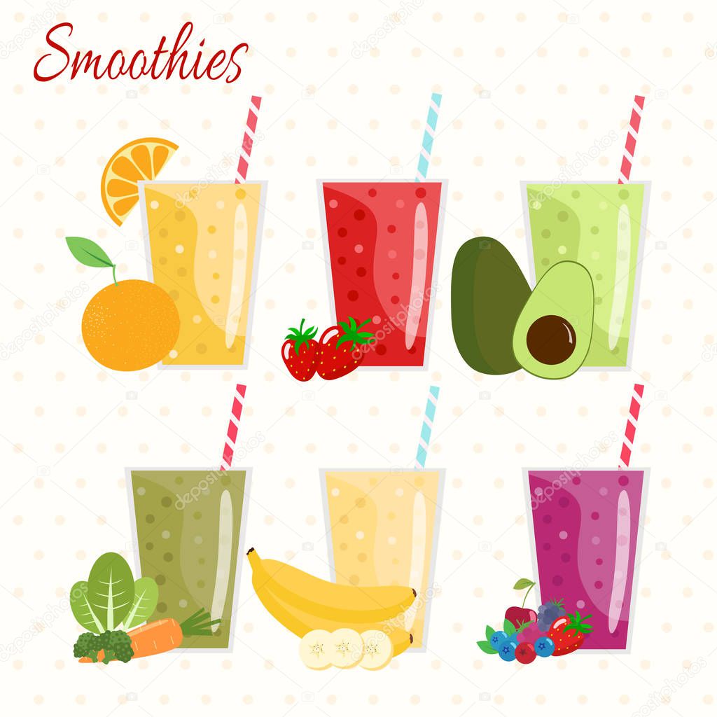 Cartoon smoothies. Orange, strawberry, berry, banana and avocado