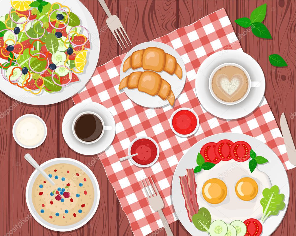 Vector illustration of healthy breakfast on the table. Fried egg