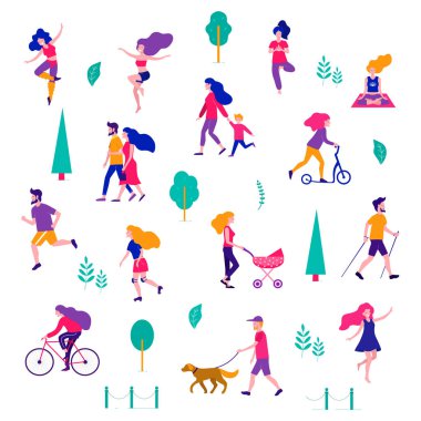 Yaz şehrinde insanların farklı aktiviteleri. Parktaki insanlar. Vektör düz illüstrasyon.