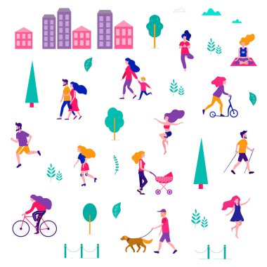 Yaz şehrinde insanların farklı aktiviteleri. Parktaki insanlar. Vektör düz illüstrasyon.