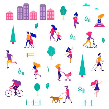 Yaz şehrinde insanların farklı aktiviteleri. Parktaki insanlar. Vektör düz illüstrasyon.