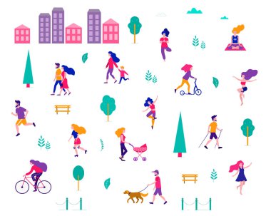 Yaz şehrinde insanların farklı aktiviteleri. Parktaki insanlar. Vektör düz illüstrasyon.