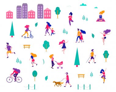 Yaz şehrinde insanların farklı aktiviteleri. Parktaki insanlar. Vektör düz illüstrasyon.