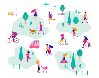 Yaz şehrinde insanların farklı aktiviteleri. Parktaki insanlar. Vektör düz illüstrasyon.