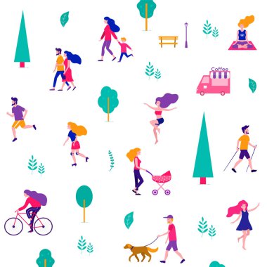 Yaz şehrinde insanların farklı aktiviteleri. Parktaki insanlar. Vektör düz illüstrasyon.