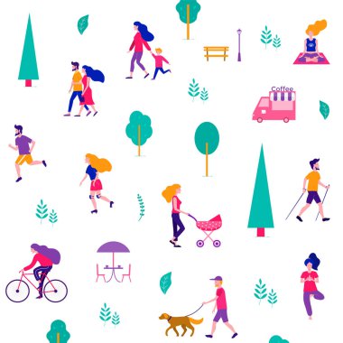 Yaz şehrinde insanların farklı aktiviteleri. Parktaki insanlar. Vektör düz illüstrasyon.