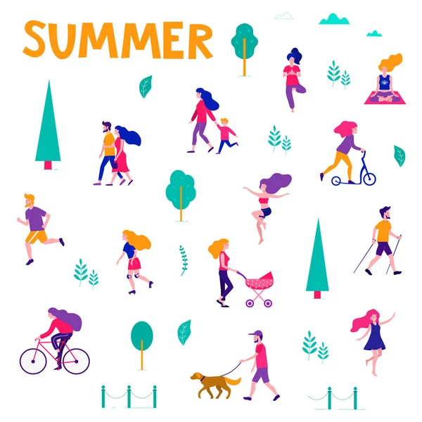 Atividades diferentes de pessoas na cidade de verão. Pessoas no parque. Ilustração plana vetorial . —  Vetores de Stock