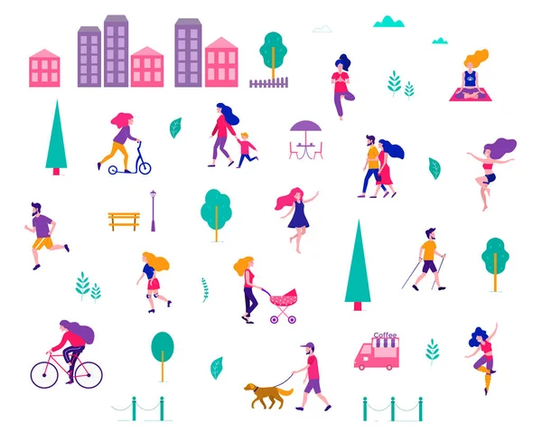 Diferentes actividades de personas en la ciudad de verano. Gente en el parque. Ilustración plana del vector . — Vector de stock