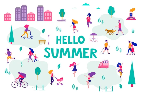 Différentes activités des gens dans la ville d'été. Des gens dans le parc. Illustration vectorielle plate . — Image vectorielle